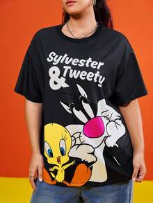 LOONEY TUNES X SHEIN 大码女式休闲可爱卡通字母图案落肩宽松黑色 T 恤，夏季大码图案 T 恤大码女式 T 恤崔弟和西尔维斯特卡通 T 恤女式大码卡通 T 恤，街头服饰 - 深灰色 - 查看 6