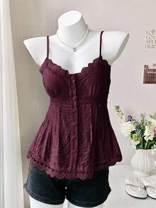 Comfortcana Women's Solid Color Contrast Lace Single-Breasted Camisole Top - Brown - View 6