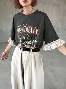 FRIFUL Women's Casual Loose Fit Letter Print Lace Patchwork Short Sleeve T-Shirt, Breathable Cotton Blend, Versatile For Spring/Summer Graphic Tee - Grey - View 5