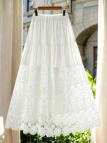 GlowEve CURVE Plus Size Minimalist Elegant Lace Patchwork Midi A-Line Skirt Tea Party Vacation White Autumn Fall Summer Beach Dress Festival Party Country - White - View 4