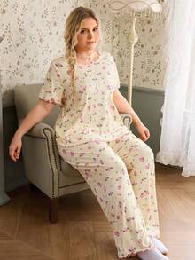 CottageSlumber Lettuce Edge Ditsy Floral Short Sleeve Long Pants Plus Size Women's Pajama Set - Yellow - View 7