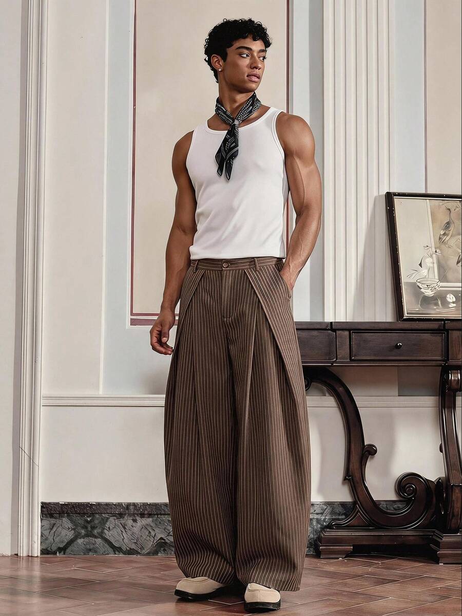 SWAVVY Men's Spring/Summer Casual Button-Up Striped Wide-Leg Pants - Khaki - View 1