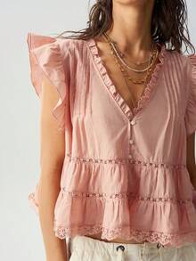 Bohemela Women's Summer Pink Woven Babydoll V-Neck Blouse,Ruffle + Lace Patchwork,Beach/Vacation/Festival/Party,Juneteenth,World Cup - Baby Pink - View 5
