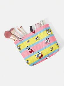 SpongeBob SquarePants | SHEIN 1個卡通印花燈芯絨拉鍊化妝包，輕巧多功能內襯化妝收納袋 - 條紋 - 查看 10