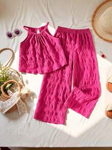 SHEIN Vintaside Kids 女童休閒簡約時尚日常圓領掛脖無袖短版純色紋理面料客製化綠色夏季背心彈性腰鬆款長休閒長褲背心套裝女童開學穿搭夏季出遊度假服 - 玫紅色 - 查看 3
