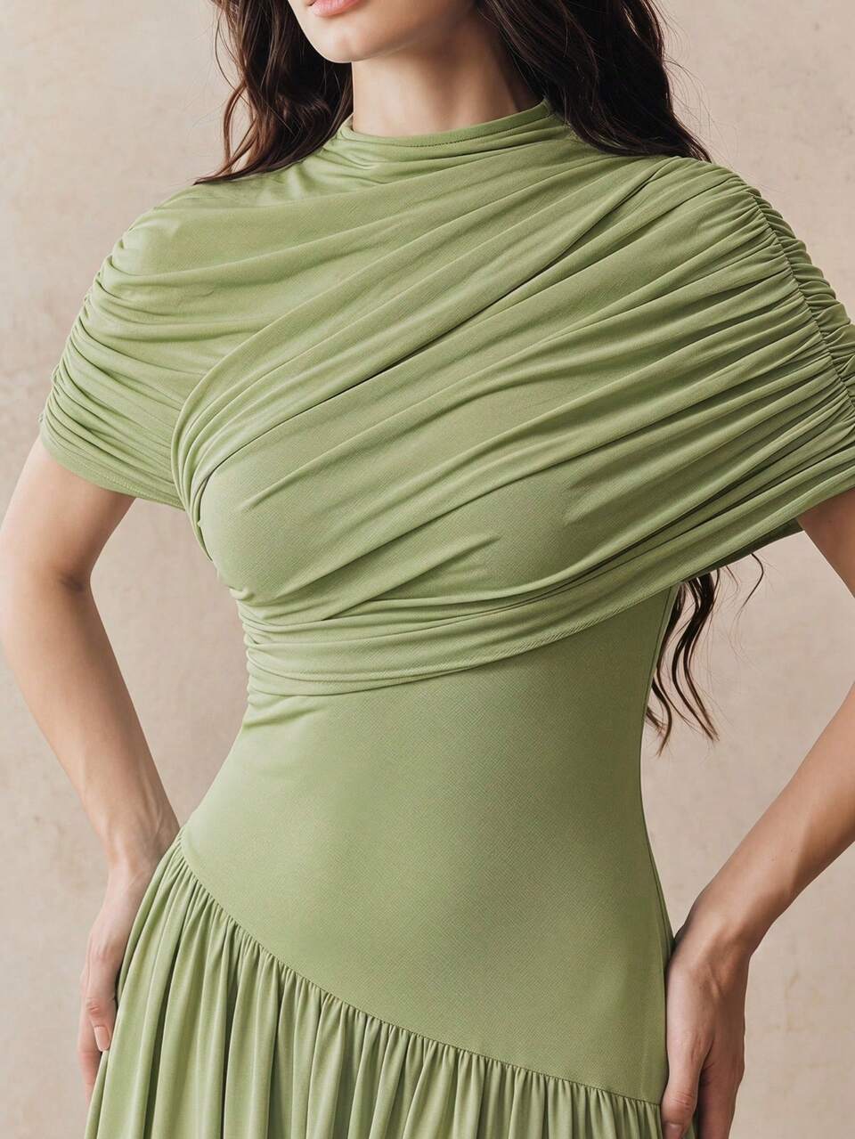 Women's New Spring/Summer Elegant Vintage Shawl-Style Pleated Fitted Off-Shoulder Elegant 3D Wrap Waist-Cinched Long Dress For Party, Gathering, Banquet, Vacation