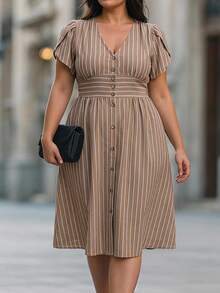 Chikora Elegantes Leinen-Freizeitkleid mit V-Ausschnitt Große Größen für Damen, geeignet für die Arbeit - Khaki - Übersicht 5