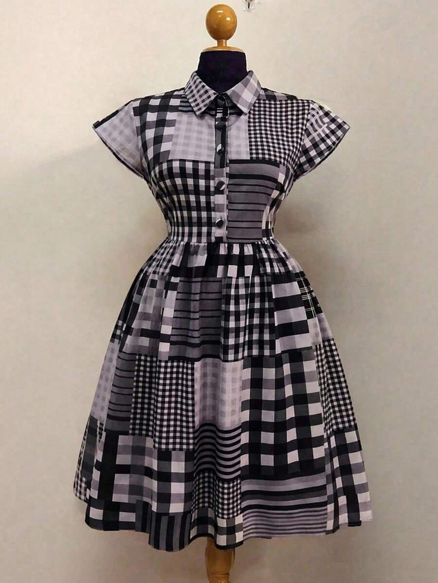 Sunspun Plaid Patchwork Casual Bodycon Dress - Black - View 1