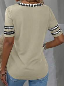 EMERY ROSE Women's Casual Diamond Patchwork T-Shirt, Summer Back-To-School School Beige - Multicolor - View 2