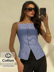 Aloruh Women's Elegant Square Neck Sleeveless Striped Lightweight Blazer Vest - Blue - View 2