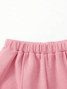 SHEIN Girlism Tween女孩秋冬休閒保暖內裡加厚運動衫套裝，紐約市印花圓領落肩長袖套頭衫與緊身印花牙籤褶皺寬腿直筒運動長褲套裝，2件式運動衫套裝，麻灰色，秋冬穿著 - 粉色 - 查看 5