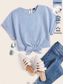 SHEIN LUNE 女款休閒海濱熱帶風情時尚夏季度假通勤沙灘基本款外出拉鍊綁帶短袖藍白條紋襯衫 - 藍白色 - 查看 2