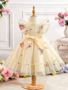 SHEIN Glamorique Kids 四季嬰幼兒刺繡正式洋裝，刺繡公主正式洋裝，荷葉袖收腰正式洋裝 - 香檳色 - 查看 5