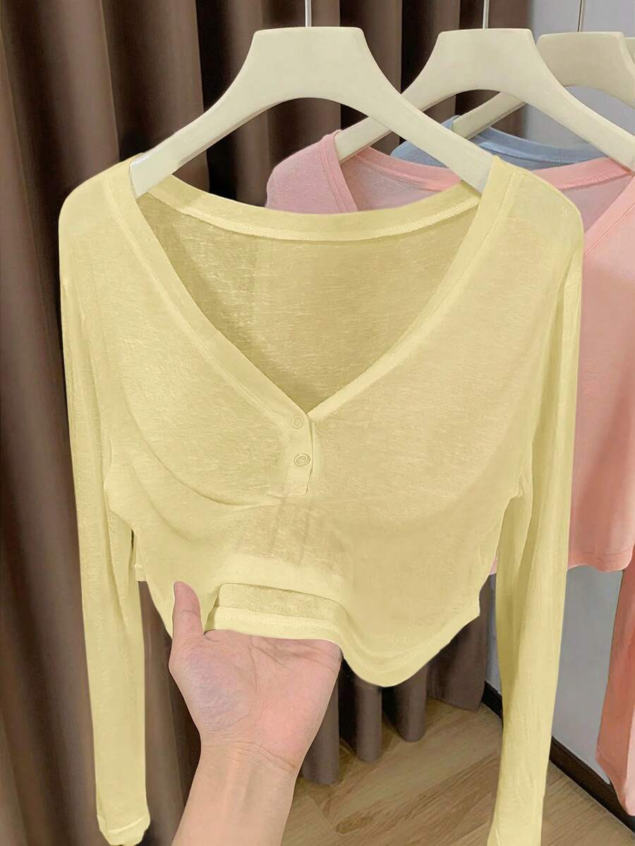 Resyla Soft Skin Cooling V-Neck Half-Button Front Cropped Cover-Up Everyday Daytime Pale Yellow Autumn Casual - Yellow - View 1