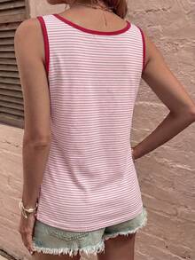 EMERY ROSE Fashion Casual Basic New Retro Color-Block Striped Contrast Burgundy Collar And Cuffs Women's Tank Top - Multicolor - View 2