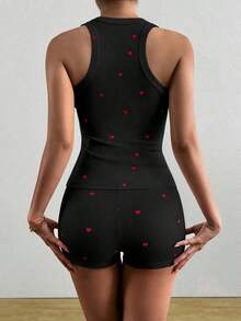 INAWLY 2pcs/Set Casual Fitted Heart Print Square Neck Tank Top & Shorts Pajama Set,Summer,Holiday - Black - View 2