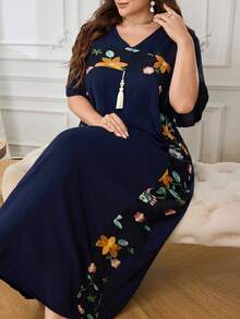 Al Najma Plus Size Women's V-Neck Ruffle Short Sleeve, Mesh Embroidery Patchwork Front Tassel Loose Turkish Dress - Navy Blue - View 3