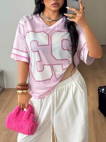 Coolane 男女大尺碼夏秋街頭風復古運動賽事日休閒網眼寬鬆數字印花粉色V領棒球球衣T恤正式款 - 粉色 - 查看 4