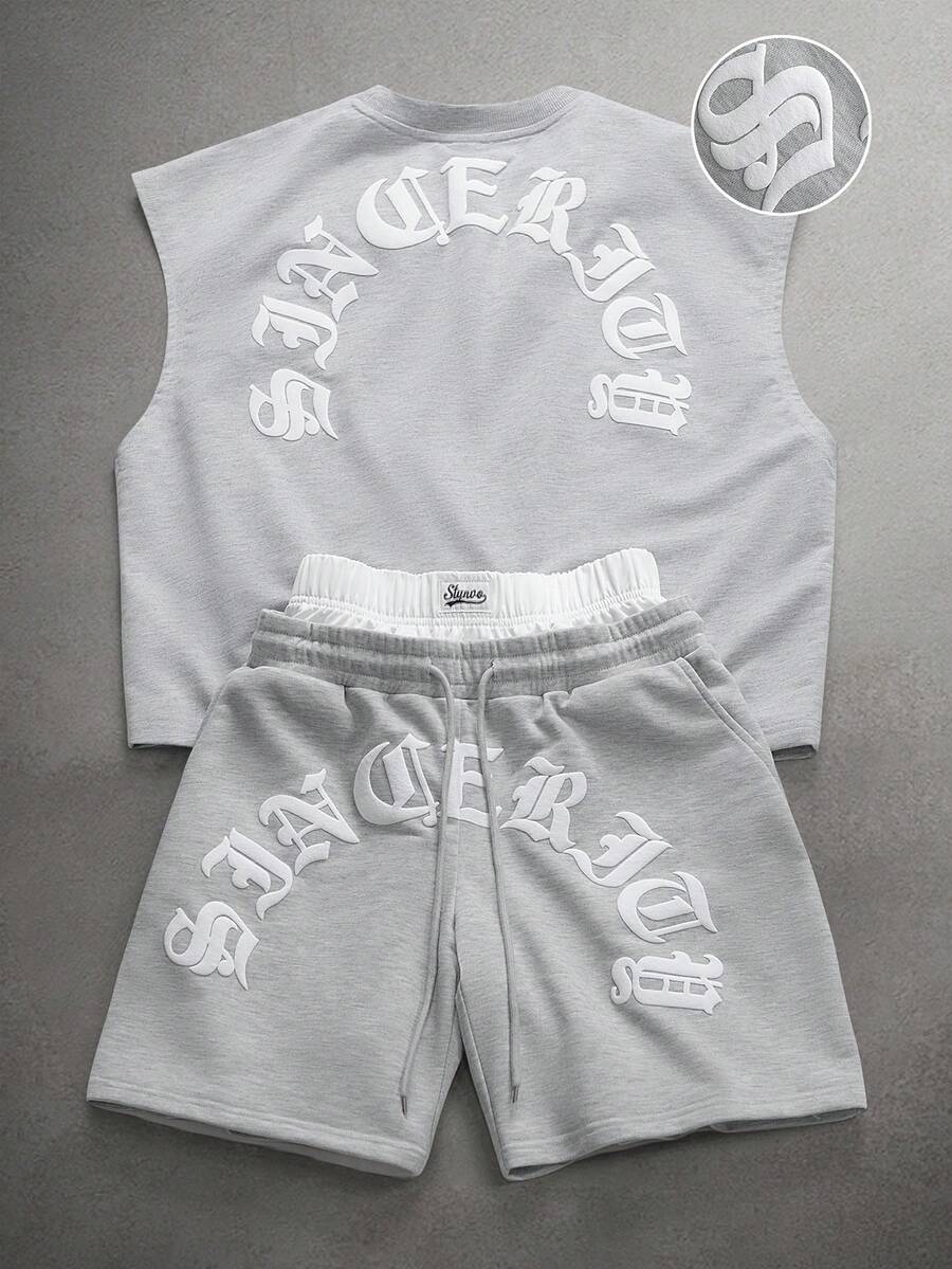 STYNVO Setelan Kasual Pria: Tank Top Leher Bulat dan Celana Pendek dengan Motif Huruf - Grey - View 1