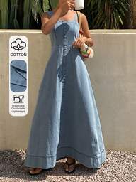 DAZY Women's Casual Button Denim Pinafore Dress For Spring & Summer Daily Wear