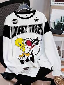 LOONEY TUNES X SHEIN 女士全印花休闲卡通英文字母图案圆领长袖运动衫，秋冬舒适穿着 - 白色 - 查看 3