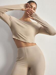 Ocili Women's Solid Color Long Sleeve T-Shirt And Flare Pants Casual Pajama Set - Khaki - View 3