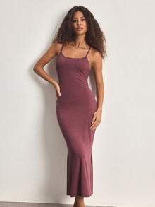 Ocili Comfortable Soft Minimalist Fitted Bamboo Knit Slip Dress, Women Loungewear - Burgundy - View 6