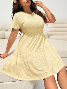 Solflare Plus Size Women's Ruffle Hem Jacquard Round Neck Short Sleeve Dress - Pale Yellow - View 6