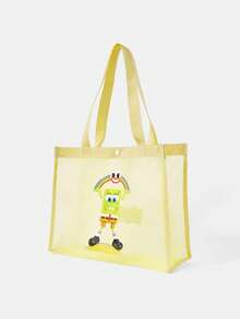 SpongeBob SquarePants | SHEIN 黃色網格托特包，印有圖案，大容量，易於攜帶，適合度假、旅行、購物 - 黃色 - 查看 4