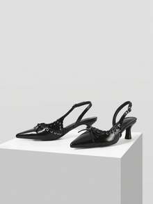Mnmlis Delicate Bow Embellishment, Black Pointed High-Heeled Commuter Women's Shoes - Black - View 2