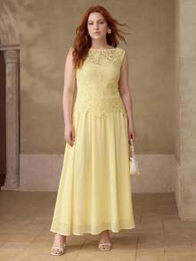 MOTF PREMIUM PLUS SIZE CONTRAST GUIPURE LACE SLEEVELESS DRESS - Yellow - View 4