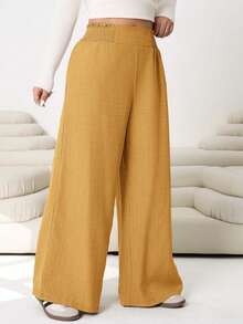 Solflare New Casual Loose Fit Plus Size Trousers, Linen Look Fabric, Elastic Waist With Gathered Detail, Mustard Yellow, Suitable For Outings, Holiday, Summer - Light Yellow - View 3