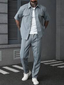 SLATEMANN Men's Plus Size Solid Color Short Sleeve Single-Breasted Shirt And Pants Casual Set - Dusty Blue - View 5