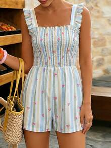 Flora Isola Flora Isola 彩虹條紋碎花方領 Bustier 抽褶細肩帶直筒短版連身褲 - 彩色 - 查看 3