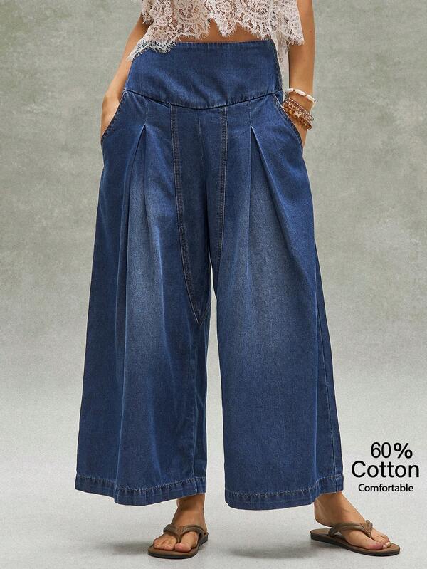 Bohemela Pantalones largos de mujer de corte holgado en denim tejido casual