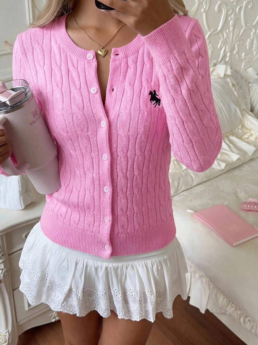 K-Vae Women's Autumn Casual Cute Embroidered Detail Cardigan Back-To-School School Pink - Pink - View 1