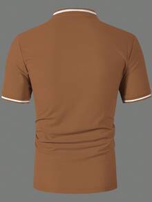 Calvornis 男士條紋拼色半門襟鈕扣短袖 Polo 衫，儀式穿著 - 棕色 - 查看 2