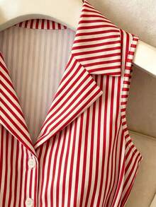 SHEIN Franclia Women's French Elegant Knit, Blue And White Striped, POLO Collar, Button-Up And Tie Design, Elegant Women's Bodysuit, Summer Women's Bodysuit, Summer Outfit, Beach Outfit, Beach Bodysuit, Outing Bodysuit, Women's Vacation Outfit, Vacation Bodysuit, Women's Casual Bodysuit, Summer Women's Bodysuit - Red - View 5
