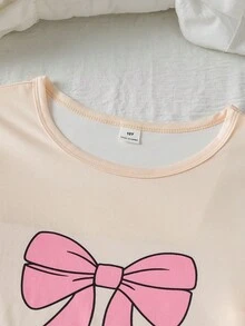 柔軟牛奶絲蝴蝶結卡通印花小女孩居家服套裝 長袖長褲可愛睡衣 秋季家庭配色 粉藍白 - 彩色 - 查看 6