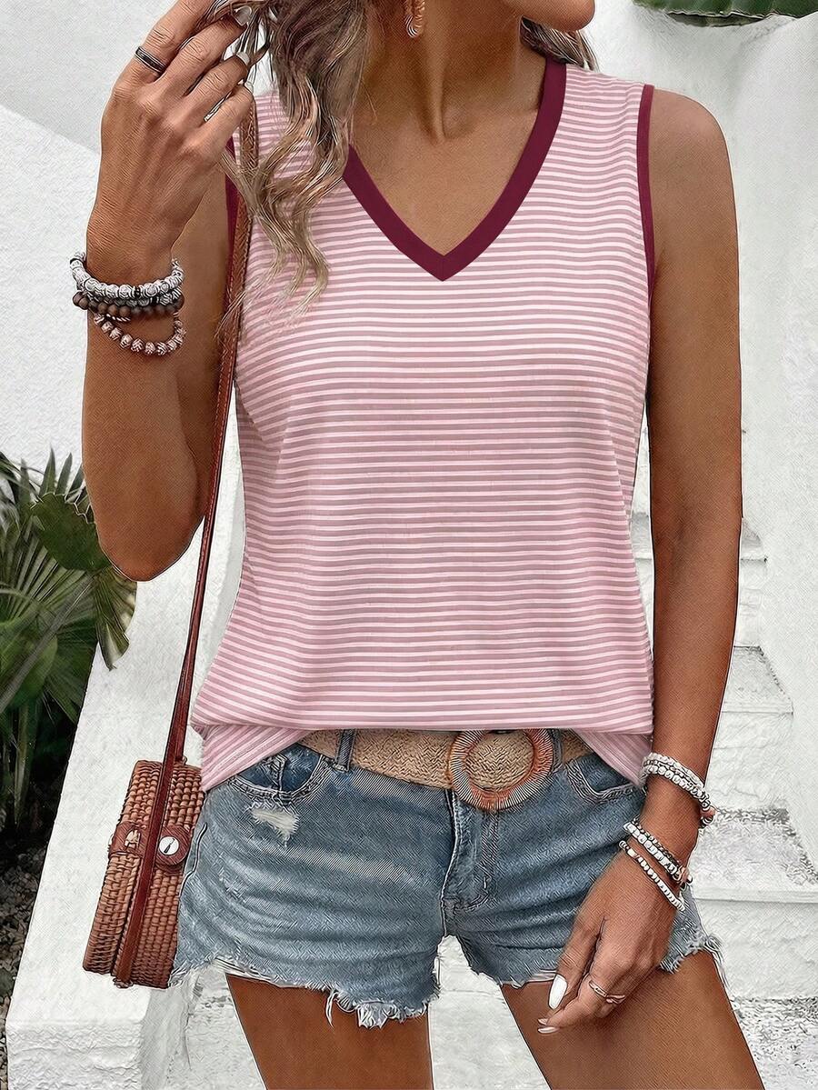 EMERY ROSE Top de tirantes casual y versátil para mujer, primavera/verano, nuevo, con cuello en V, estampado de rayas y diseño de bloques de color - Multicolor - Ver 1