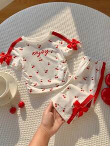 SHEIN Baby Girl Knit Cherry Pattern Crew Neck Ruched Casual T-Shirt And Long Pants 2pcs Set - Multicolor - View 4