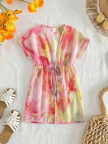 SHEIN 少女度假紮染印花腰繫帶和服式罩衫 - 彩色 - 查看 7
