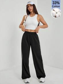 SHEIN PETITE 休閒黑色側條紋長褲 棉混紡舒適 - 黑色 - 查看 5