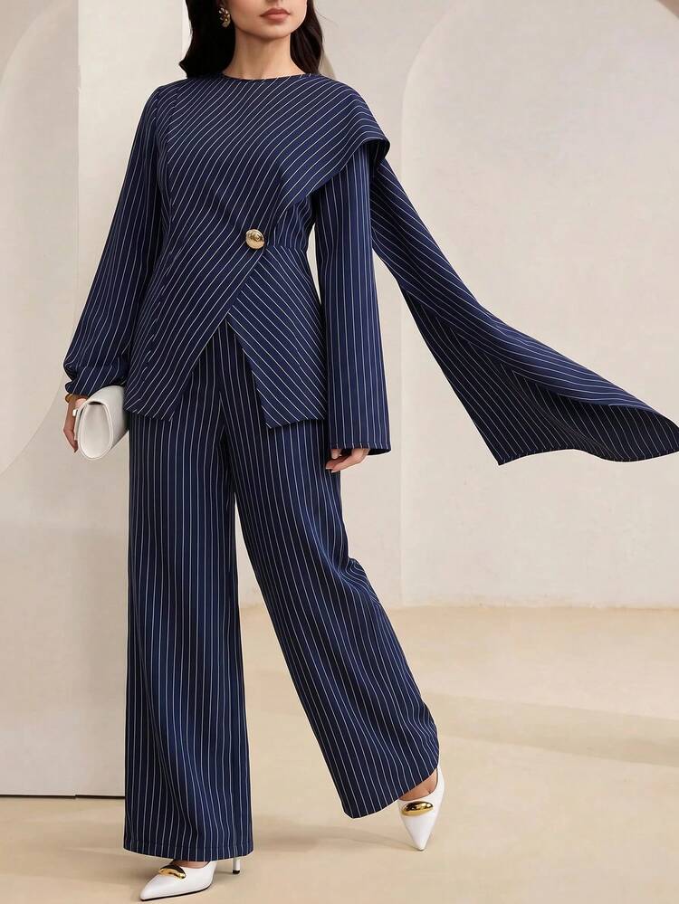 Veilorie Plus Size Fashion Party Cocktail Gym Evening Navy Blue Asymmetric Top And Pants Two Pieces Set Autumn Formal Elegant Fall - Blue - View 5