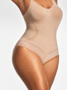 SHAPORA Plus Size Seamless Brief Spaghetti Strap Bodysuit Body Shaper Bust&Butt Lifter With Adjustable Strapes-Tummy Waist Control - Apricot - View 3