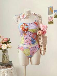 SHEIN MOD 女款夏季海灘花卉印花百褶坦基尼上衣與三角坦基尼下裝兩件式泳衣套裝 - 彩色 - 查看 1