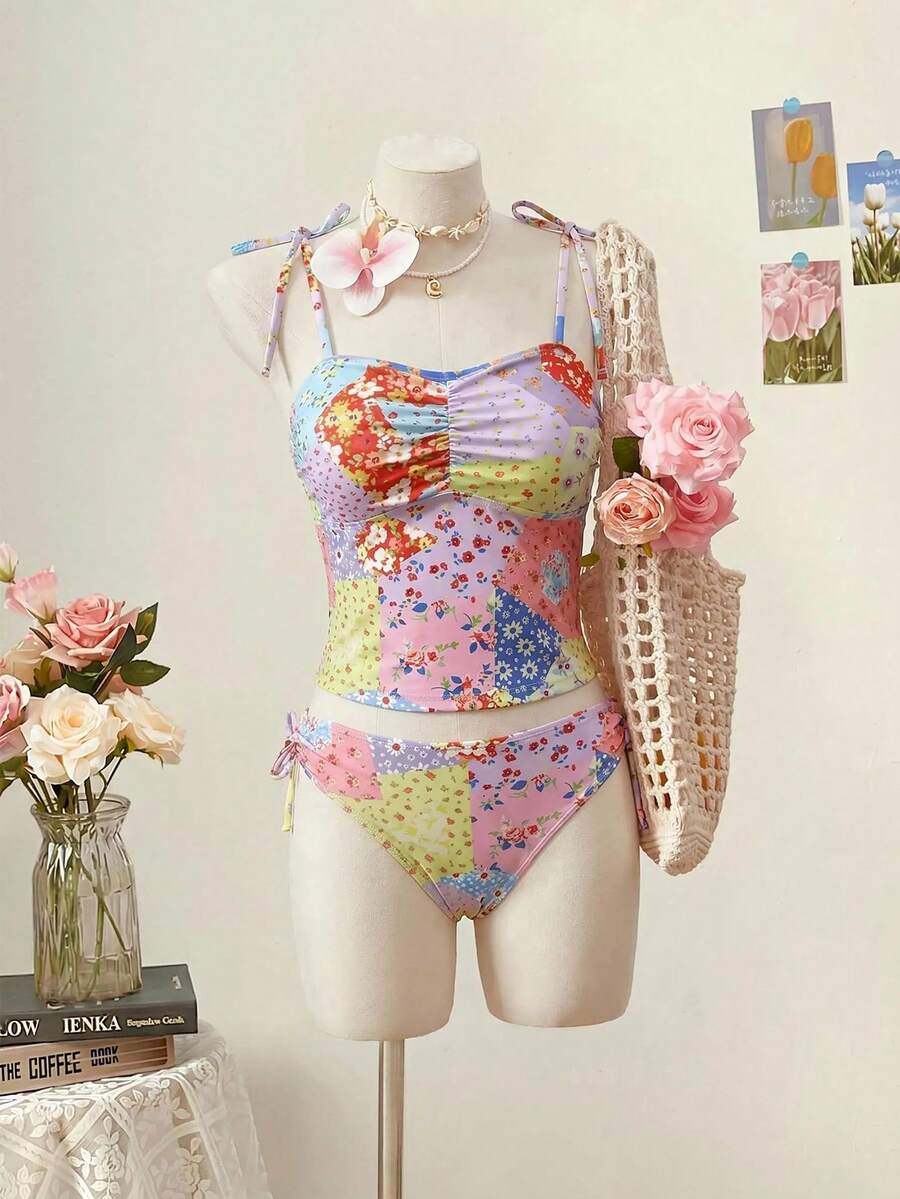 SHEIN MOD 女款夏季海灘花卉印花百褶坦基尼上衣與三角坦基尼下裝兩件式泳衣套裝 - 彩色 - 查看 1