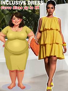 SHEIN CURVE+ 大码女装春夏新款优雅浪漫派对约会晚宴度假休闲海滩篝火宽松纯色黄色无袖多层褶皱拼接娃娃蛋糕裙大码女装迷你连衣裙 - 黃色 - 查看 2