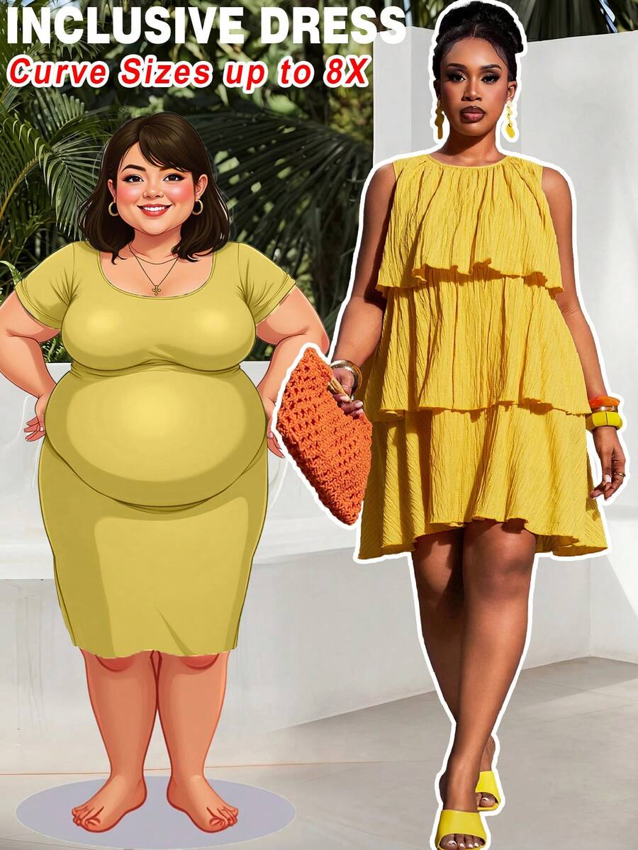 SHEIN CURVE+ 大码女装春夏新款优雅浪漫派对约会晚宴度假休闲海滩篝火宽松纯色黄色无袖多层褶皱拼接娃娃蛋糕裙大码女装迷你连衣裙
