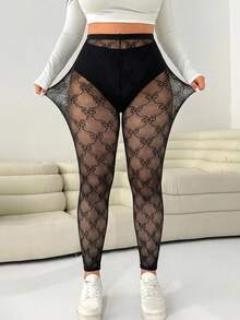 Solflare Plus Size Women's Bow Pattern Mesh Leggings - Black - View 1